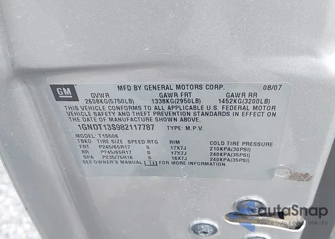 2008 Chevrolet Trailblazer Lt from USA, damaged, VIN 1GNDT13S982117787